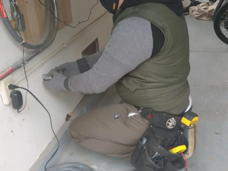 Electrician performing outlet wiring in a Prior Lake garage